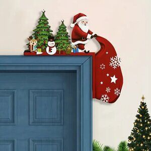 Wooden Santa Claus w Reindeer and Snowman Door Corner Decoration Wall Accents